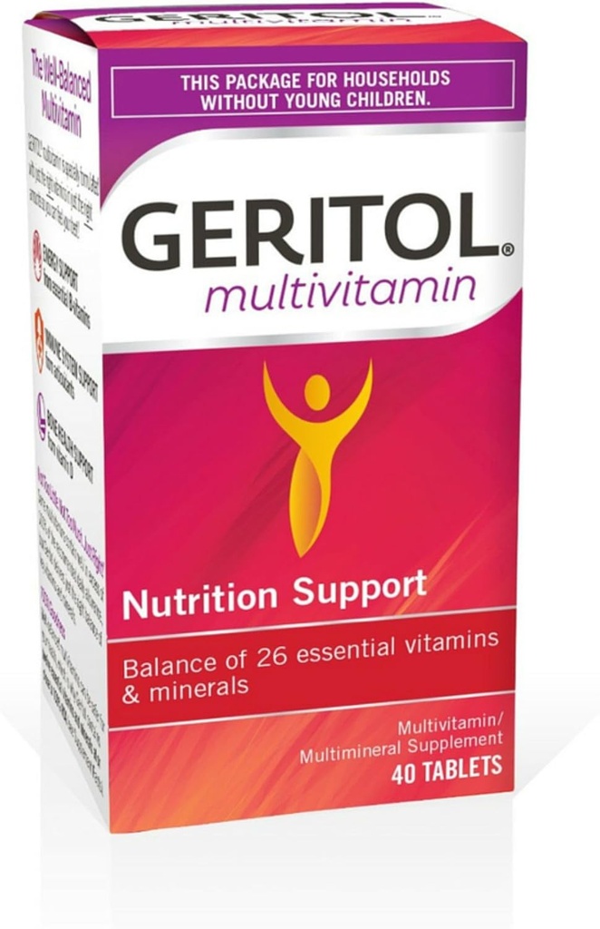 Geritol, Multivitamine Supplement, Bevat B-Vitaminen, Antioxidanten, Vitaminen C, E & D en ijzer, 26 Essentiële Vitaminen en Mineralen, Glutenvrije, Non-GMO, Geen kunstmatige zoetstoffen, 40 Tabletten