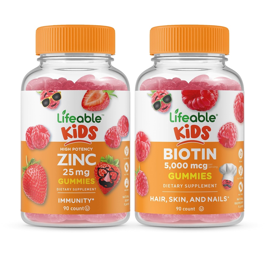 Levensvatbare Zink 25mg Kids + Biotin Kids, Gummies Bundle - Grote Proeverij, Vitamine Supplement, Glutenvrij, GGO-vrij, Kauwgom