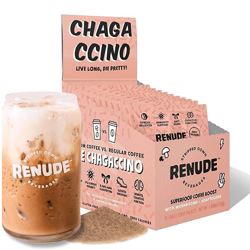 Renude Chagaccino - Chaga Mushroom Powder, Mushroom Coffee Drink Mix met Adaptogens, Natuurlijke Energie en Immune Support, Vegan, Keto, Zero Calorie Mushroom Blend Powder - 10 porties