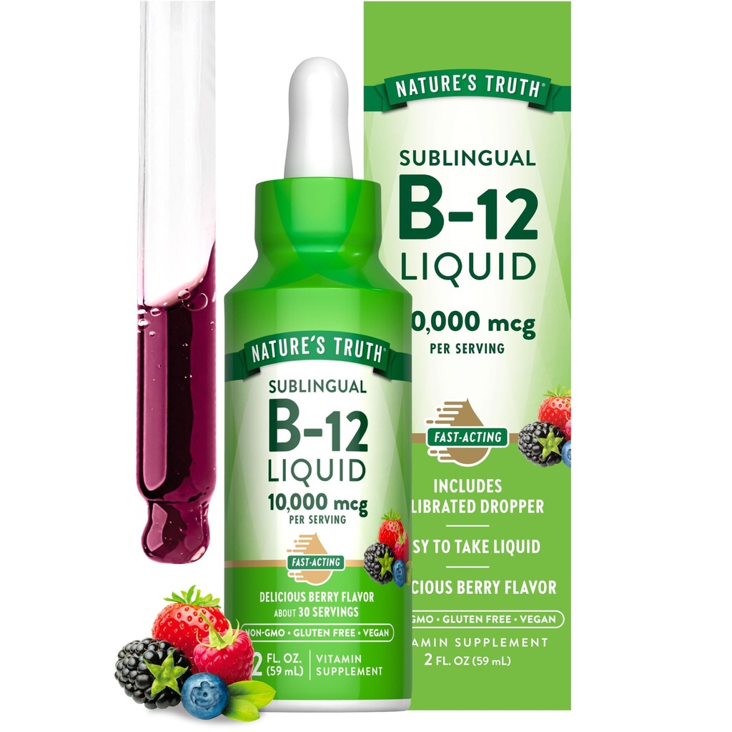 Nature's Truth B12 Sublingual Liquid Drops | 10,000 mcg | 2 oz | Fast Acting | Vegan, Non-GMO & Gluten Free
