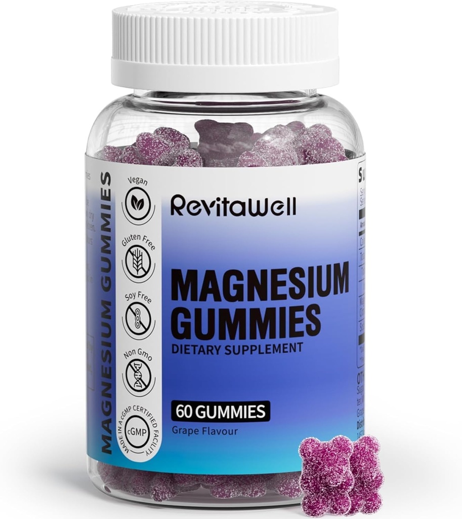 Magnesium Gummies with 2100mg Magnesium Glycinate & Magnesium Citrate(200mg Elemental Magnesium), Kalm Magnesium Gummies Veganistisch voor volwassenen gebruikt voor slaap, spier, bot, energie&Heart, druivensmaak