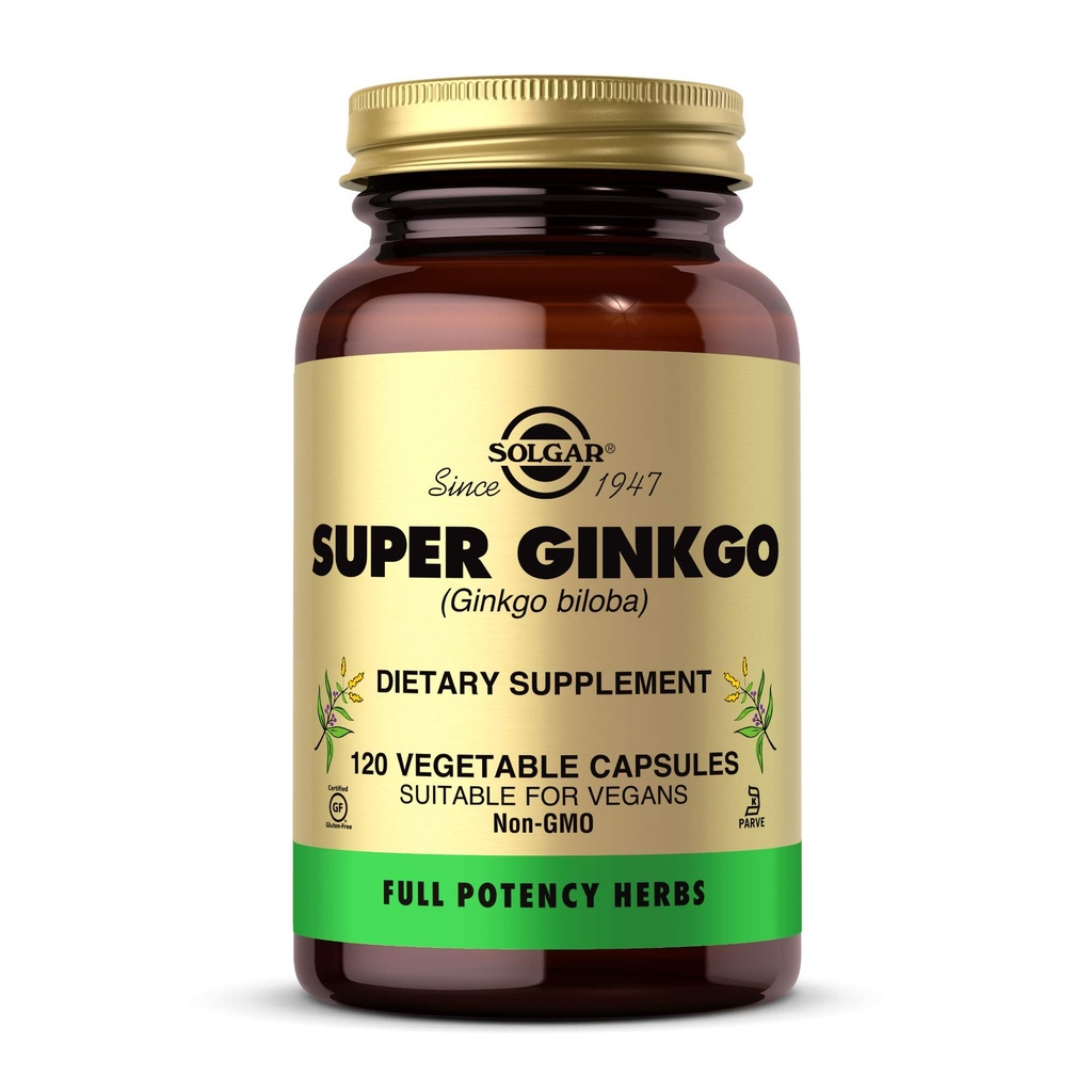 Solgar Super Ginkgo, 120 plantaardige capsules - Full Potency (FP) - Antioxidant en zenuwstelsel ondersteuning - Brain Health - Non-GMO, Veganistan, Gluten Free, Dairy Free, Kosher - 120 porties