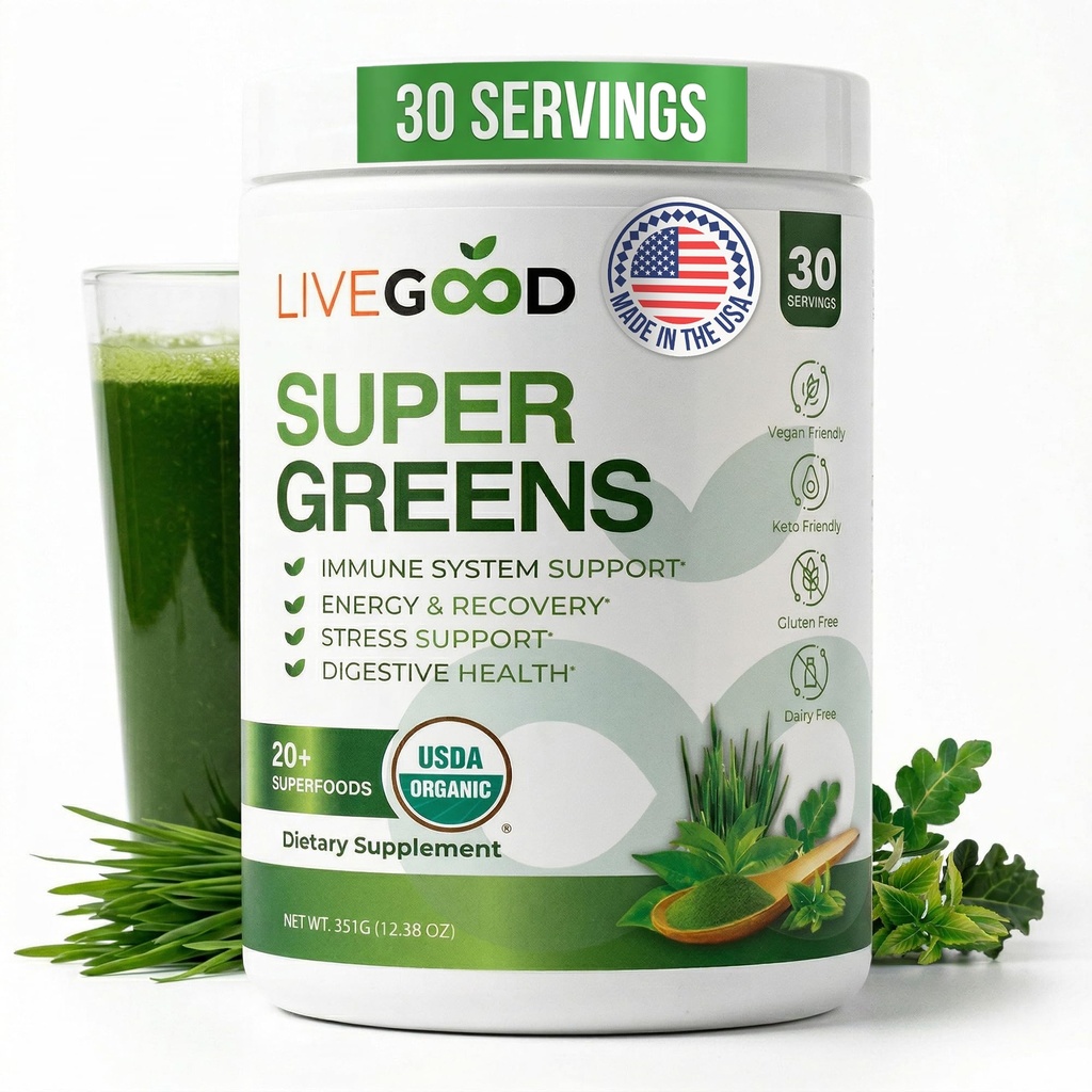 LiveGood Super Greens Poeder Biologische Superfood met Tarwegraspoeder, Dagelijks Superfood Poeder voor Immune Ondersteuning, Energie en Ontgifting, Groene Juice Poeder Supplement (30 porties), 12.38 Oz