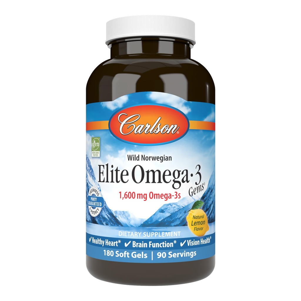 Carlson - Elite Omega-3 Gems, 1600 mg Omega-3 Met inbegrip van EPA en DHA, Noorse, Wild-Caught Fish Oil Supplement, duurzaam geproduceerd, Citroen, 180 Softgels