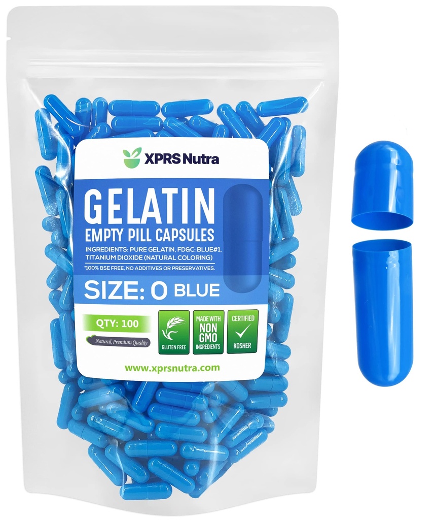 XPRS Nutra Formaat 0 Lege capsules - 100 Telle Lege Gelatine Capsules - Pillen DIY Capsule Vulling - Pure Bovine Pill Gel Caps for Do-It-Yourself Supplements (Blauw)