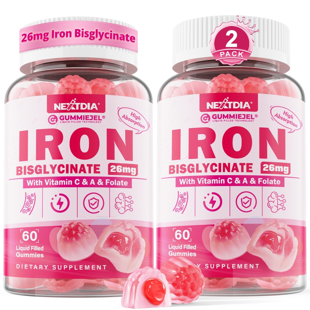 Vegan Iron Supplement Gummies for Women & Men - w/Vitamine C Folaat B12 Zink voor volwassenen & Kids, Kauwbaar zacht ijzer voor Iron Deficency, Energy Boost, Non-Constipating & After Taste, Sugar-Free 2 Pack