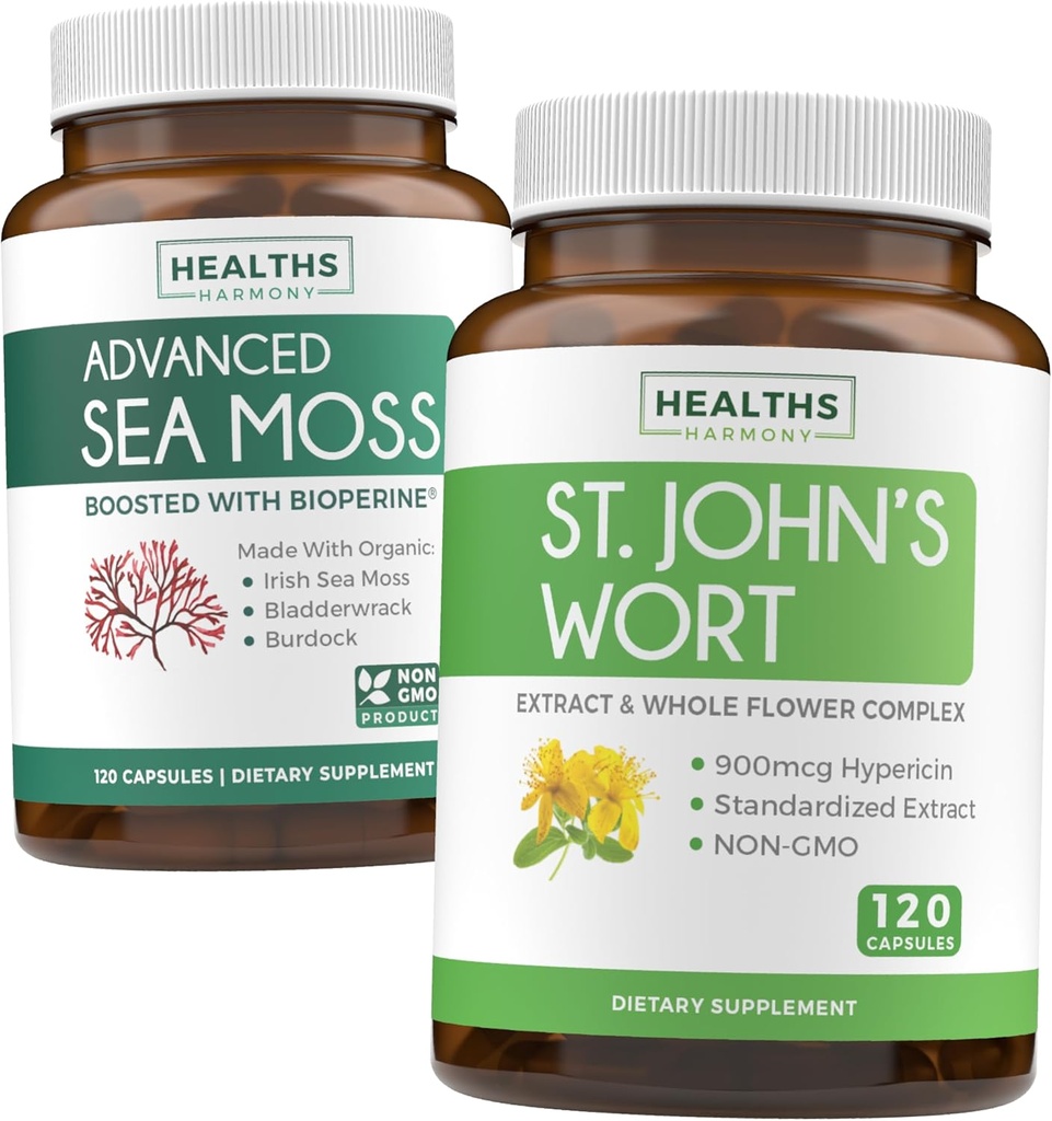 Sea Moss & St. John's Wort (2-maand supply) Mood Moss Blend - Organic Irish Sea Moss - Raw Vegan Supplement (120 Caps) & St John's Wort with Powerful 900mcg Hypericine Vegan Non-GMO (120 Capsules)
