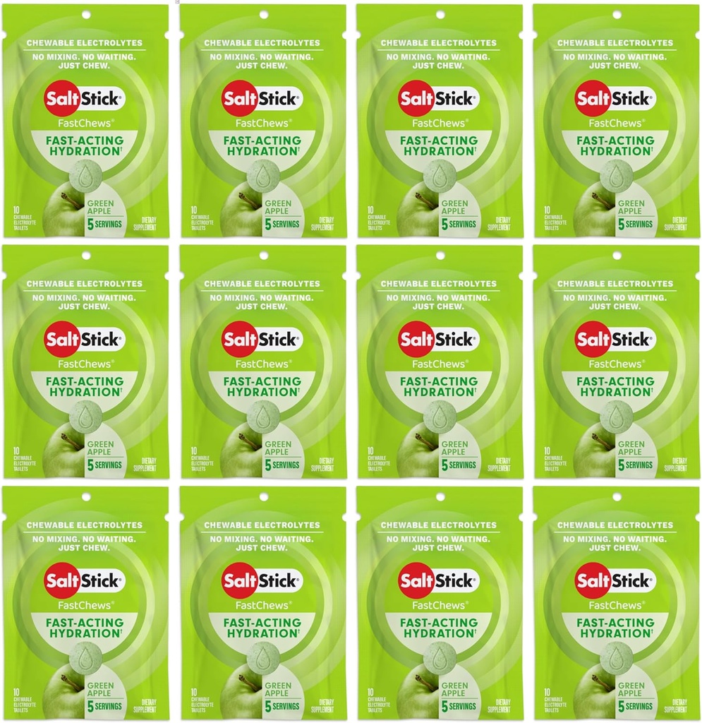 SaltStick Electrolyte FastChews - 120 Count Green Apple Flavor - Electrolyte tabletten voor hydratatie, zout tabs - 10 Tellen (Pack van 12)