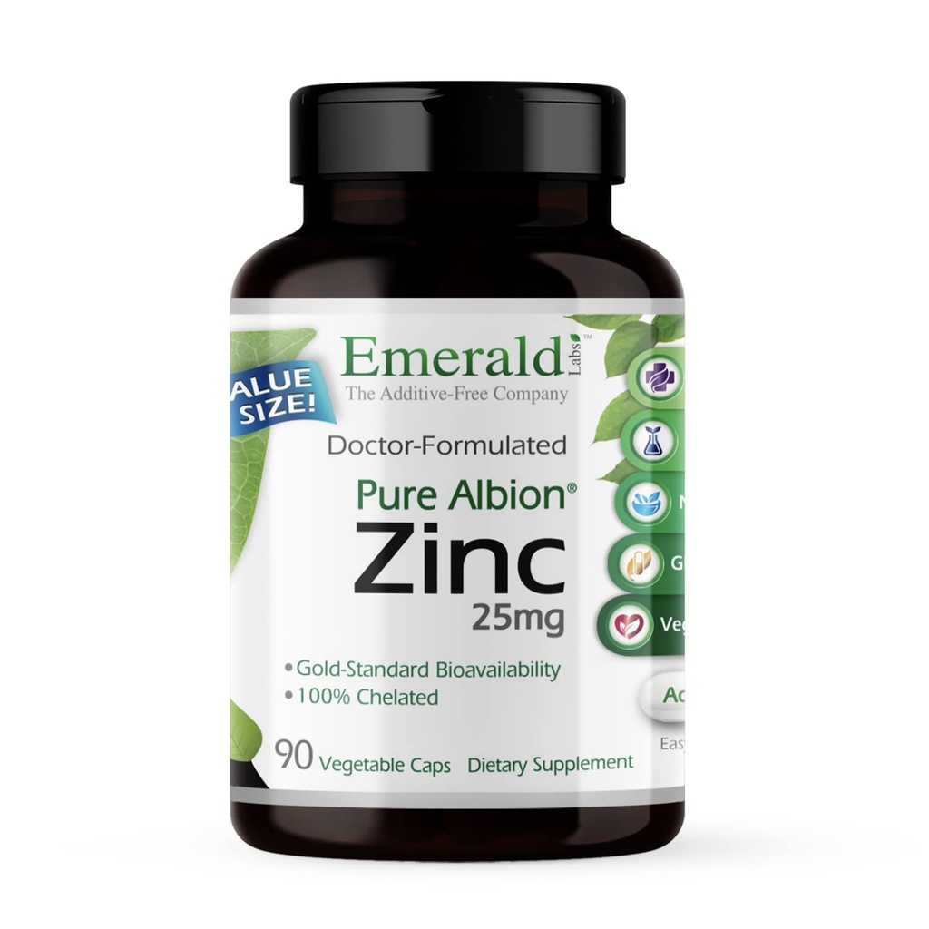 Emerald Labs Zinc 25mg - Immune Support, Digestive Health, Oxidative Stress Support - Made with Zinc Bisglycinate - Vegan & Gluten-Free - 90 Vegetable Capsules