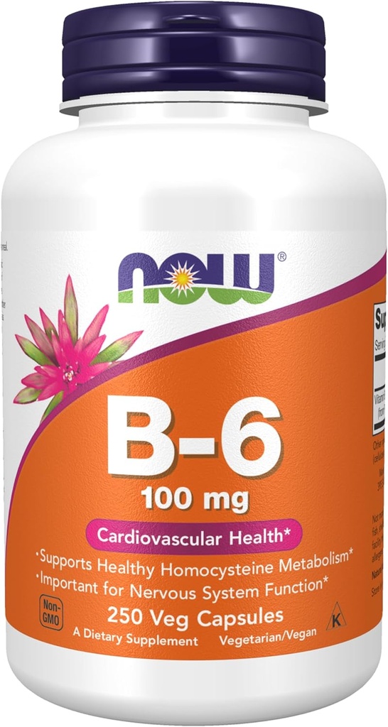NOW Foods Supplements, Vitamine B-6 (Pyridoxine HCl) 100 mg, Cardiovasculaire Gezondheid, 250 Veg Capsules