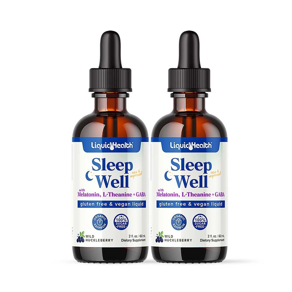 LIQUIDHEALTH Slaap goed vloeibaar Melatonine, L-Theanine supplement Natuurlijke slaaphulp, Val Slaap sneller, Blijf langer slapen - USA Made, Vegan, Sugar Free, Drug Free, Niet-GMO Slaapspray Drops (2 Pack)