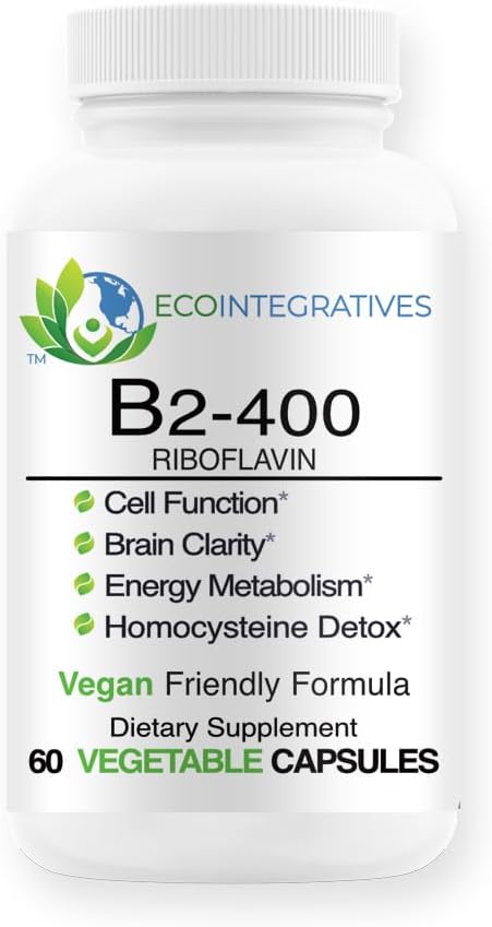 B2-400 Pure Riboflavine - Zenuwstelsel Gezondheid, Homocysteïne Detox, Cardiovasculaire, helpt Boost Energie, Mentale Duidelijkheid, Metabolisme en celfunctie (60, Unflavored)