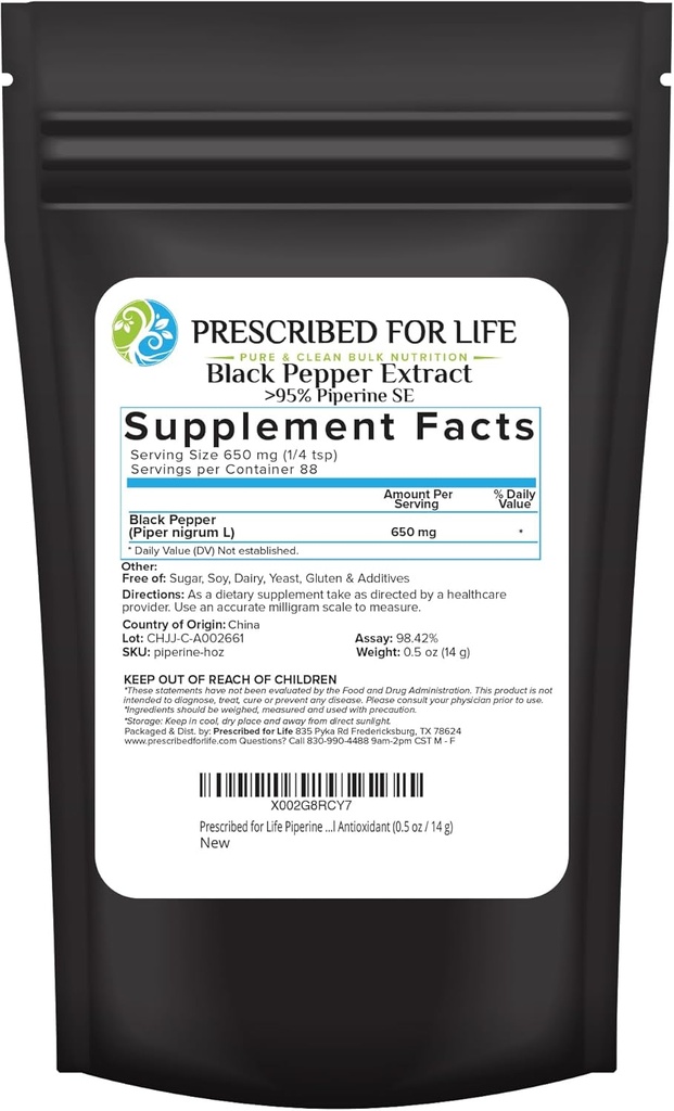 Voorgeschreven voor het leven Piperine Poeder, 95% Black Pepper Extract Poeder, Boosts Nutriënt Absorptie, Glutenvrij, Veganistisch, Niet GGO, Natuurlijke Antioxidant (0,5oz / 14g)