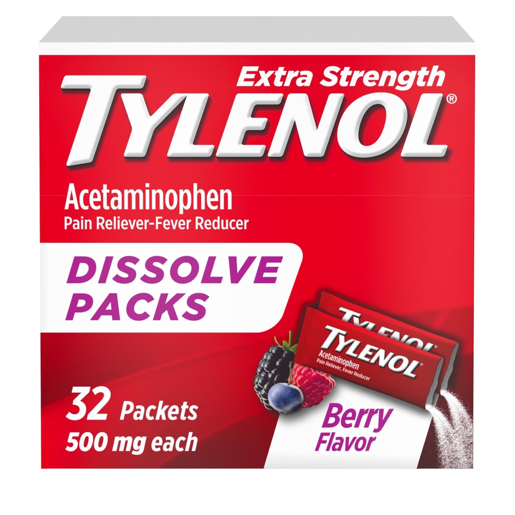 Tylenol Extra sterkte Oplossen Poeder Verpakkingen, 500 mg Acetaminofen Pijn Reliever & koorts Reducer Medicine, Snelle verlichting voor lichte pijn & pijnen, Ibuprofen- & Aspirine-vrij, On-the-Go Berry Flavor, 32 Ct