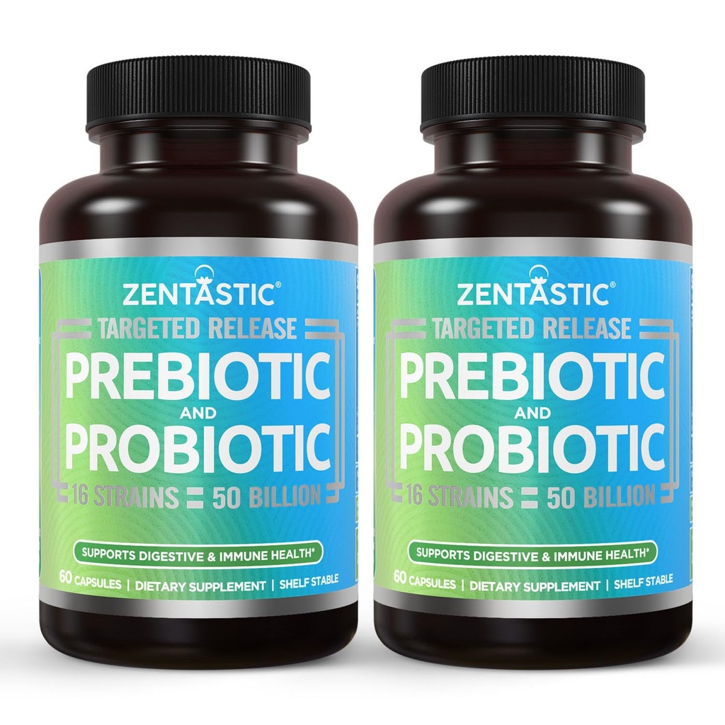 Zentastic Probiotica & Prebiotica Supplement - 50 miljard CFU - voor mannen en vrouwen Immune & Digestieve Gezondheid - 16 Strains - Plank Stable - 120 Delayed Release Veggie Capsules