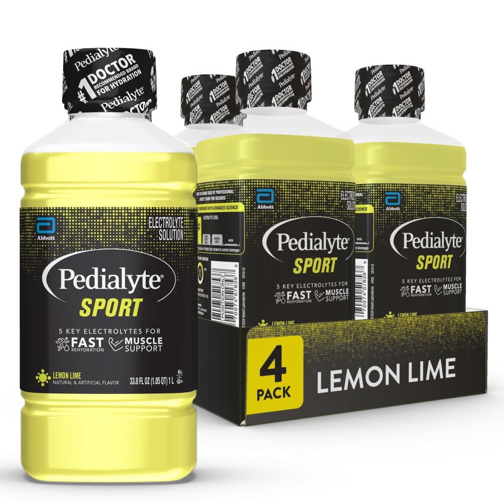Pedialyte Sport Electrolyte Drink, snelle hydratatie met 5 belangrijke elektrolyten voor spierondersteuning voor, tijdens, & Na de oefening, Lemon Lime, 1 Liter, Pack van 4