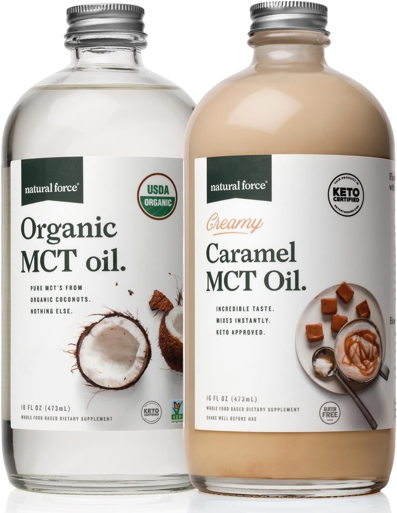 Natural Force Creamy Caramel MCT Olie + biologisch volledig spectrum MCT Olie Glutenvrij, niet GGO, 100% Pure Kokosnoot MCTs van biologische Kokosnoten 