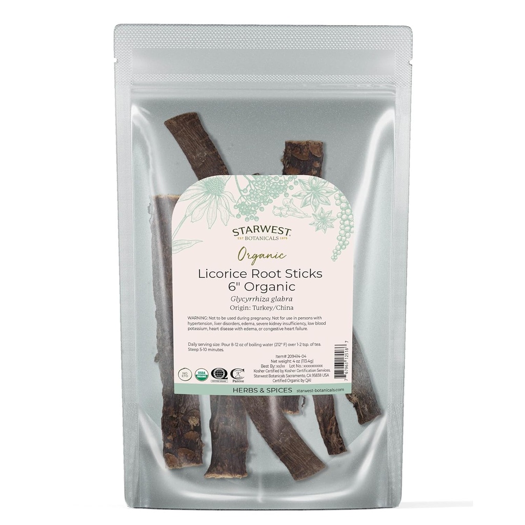 Starwest Botanicals Organic Dried Licorice Root Sticks 6" - Herb for Loose Leaf Tea Blends, Candy, & Baked Goods, Cut & Sifted, Certified Kosher, Non-GMO - 4 oz Pouch