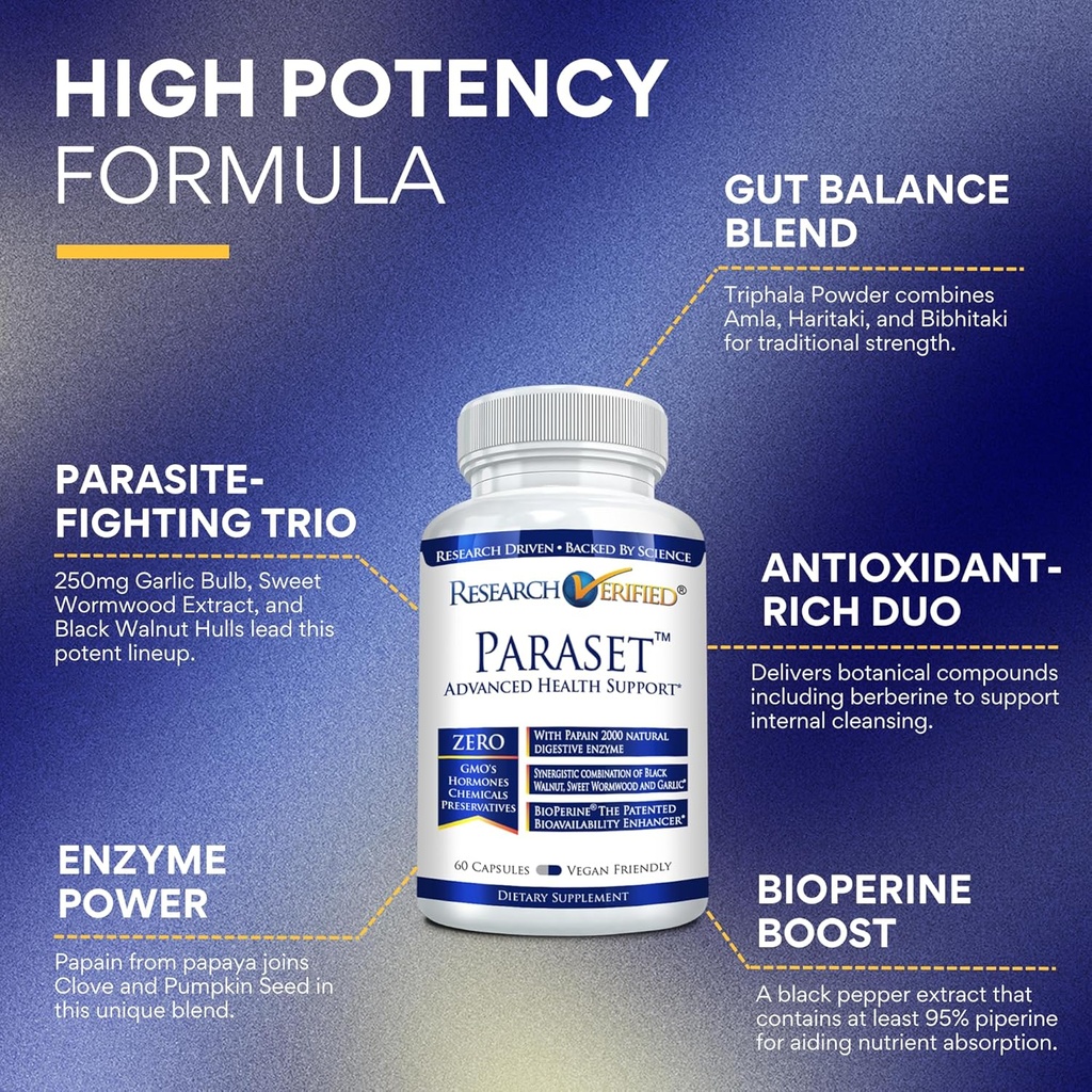 Onderzoek Verified Paraset - 120 Capsules - Natural Gut Health Enhancer - Knoflookbol, Papain, Sweet Wormwood, Black Walnut, BioPerine - Vegan