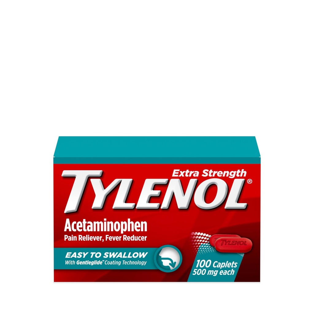 Tylenol Extra sterkte Eenvoudig doorslikken van acetaataminofen, pijnreliver & koortsreducer gecoate capletten voor volwassenen met Gentleglide-technologie, 500 mg extra sterkte acetaataminofen, 100 ct