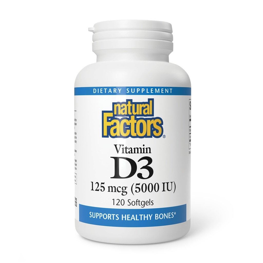 Natuurlijke factoren - Vitamine D3 5000 IE, Ondersteunt gezonde botten, 120 zachte gel