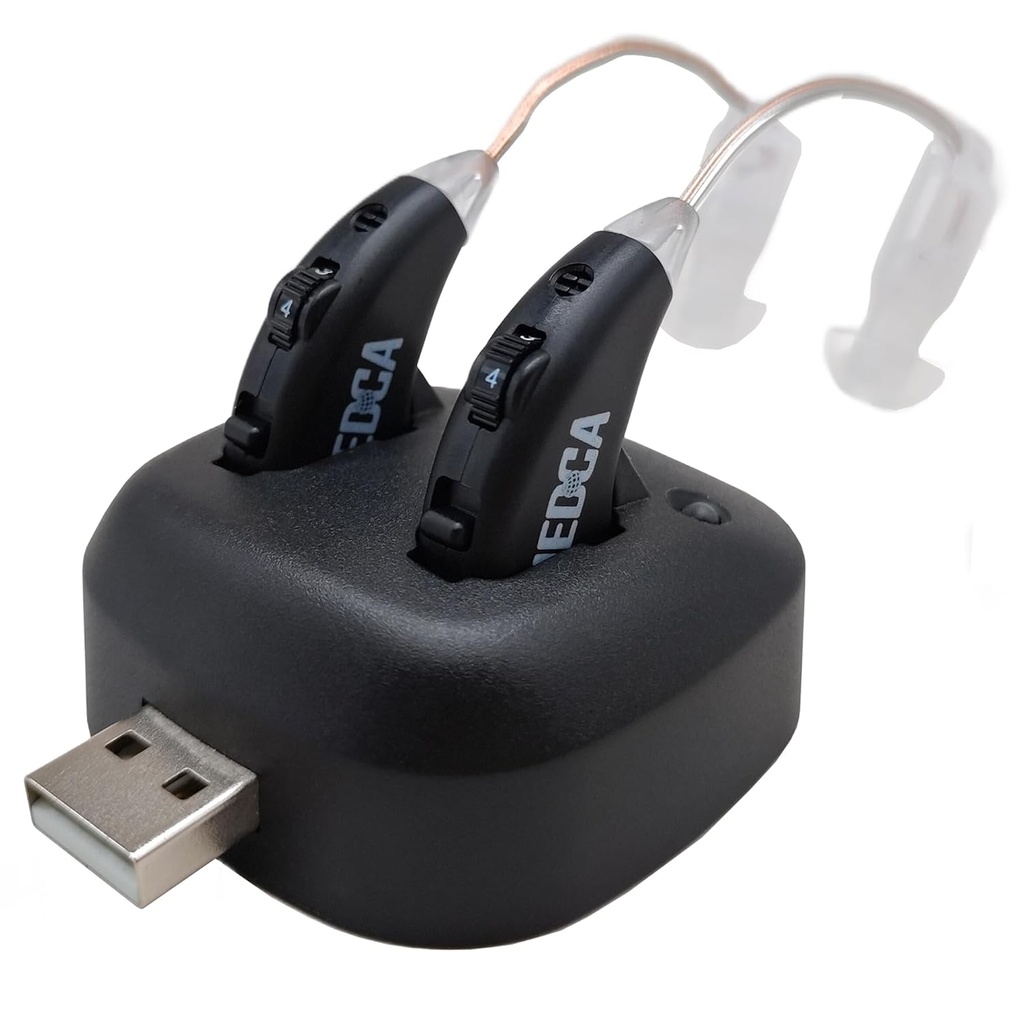 Digital Hearing Amplifiers - Rechargeable Premium BTE Personal Sound Amplifier Pair with USB Dock, Behind the Ear Hearing Enhancement Devices with Long Lasting Battery Life, Black