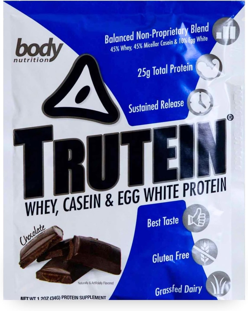 Body Nutrition Trutein High Protein Powder: 45% Wei, 45% Caseïne, 10% Egg White, Glutenvrij, Low Sodium, Grass Fed Wei Proteine Powder, Gym Supplement & Breakfast Shake, Chocolade, 34g Sample