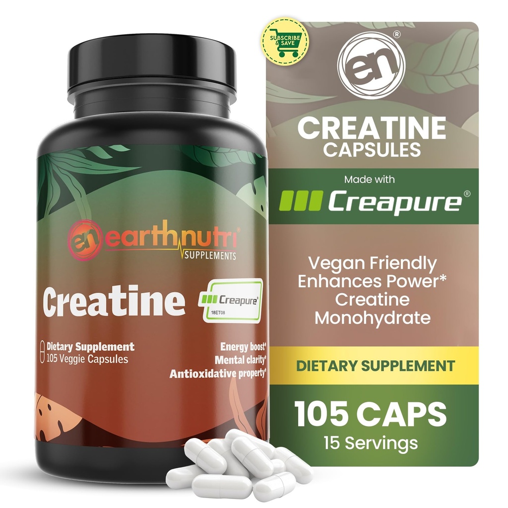 EarthNutri Creatine Monohydraat Capsules - Gemicroniseerd voor betere absorptie - Ondersteunt spierkracht, sterkte en herstel - 105 capsules (5000 mg per portie, 7 capsules)