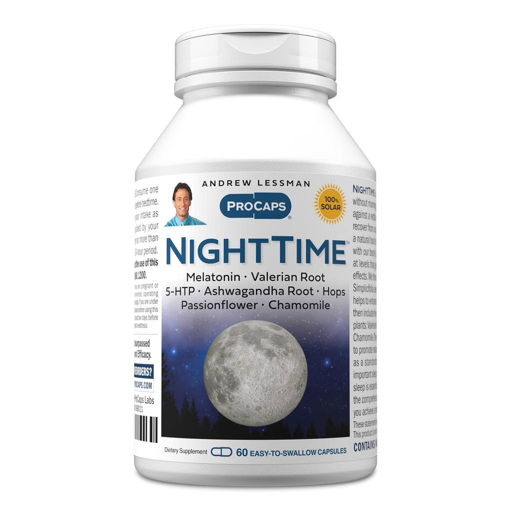 ANDREW LESSMAN Night Time 60 Capsules - 3mg Melatonine, Valeriaan, Ashwagandha, Passiebloem, Hop, kamille. Geen Morning Grogginess. Natuurlijke ondersteuning, zachte rust. Gemakkelijk te slikken capsules