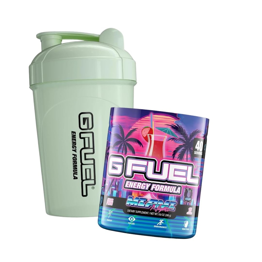 G Fuel Miami Nights Strawberry Pina Colada Flavored Game + G Fuel Glow-In-The-Dark Shaker Bottle