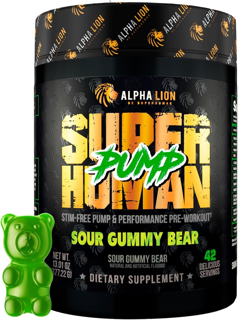ALPHA LION Superhuman Pump Pre Workout Powder, Nootropic Cafeine & Stim Free Preworkout Supplement, Nitric Oxide Booster, Muscle Gainer, Energy & Focus (42 Servings, Sour Gummy Bear)