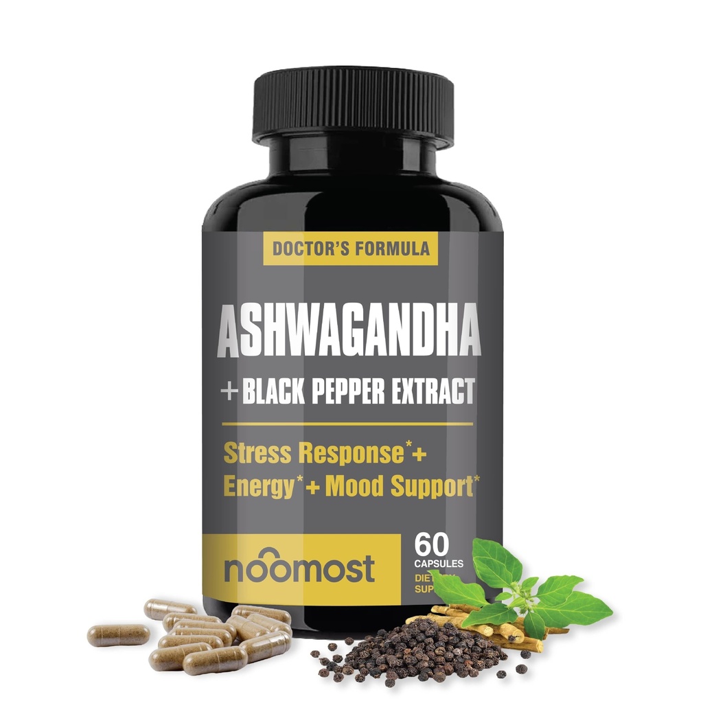NooMost Organic Ashwagandha 400mg Capsules w/Black Pepper Extract als Vegan Ashwagandha Supplementen voor Stressbestrijding, Natuurlijke Mood Ondersteuning, Energie & Focus-60 Capsules