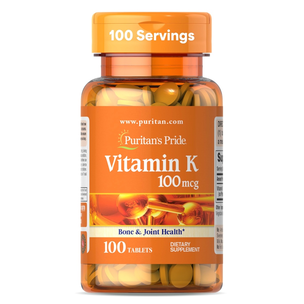 Puritan's Pride Premium Vitamine K 100mcg, Dieetsupplement voor bot, gewrichts, en bloed samensmelten gezondheidsondersteuning, 100 dagen levering, 100 tabletten