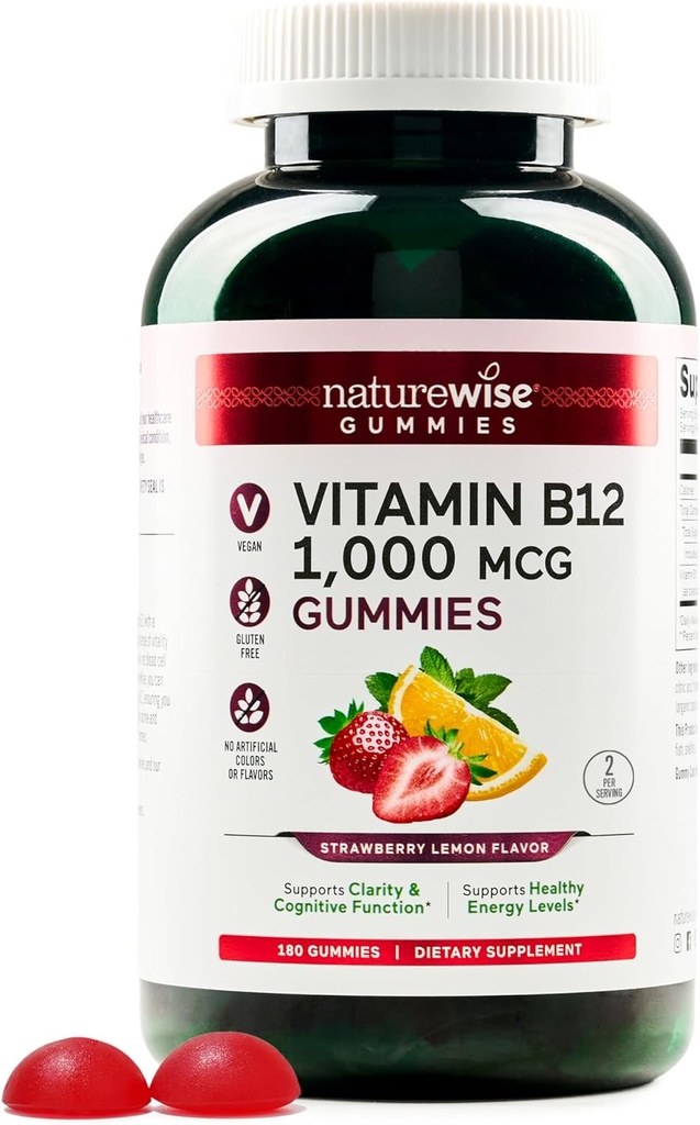 NatureWise Vitamin B12 Gummies for Adults, 1000 mcg - Aardbei Citroensmaak - Ondersteunt dagelijkse energie, geestelijke helderheid, cognitieve functie - Veganistisch, Glutenvrij, Non-GMO - 180 Tellen[3-maand levering]
