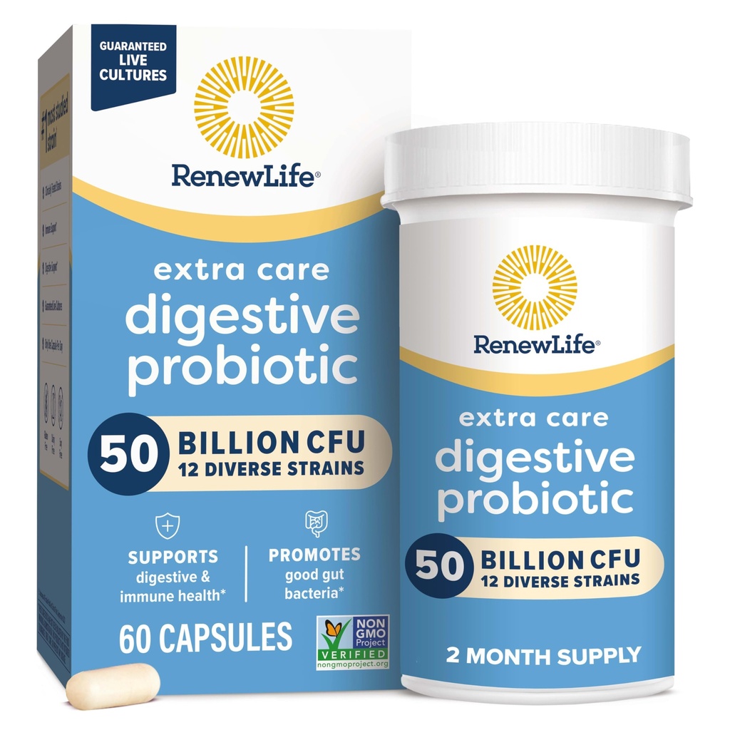 Renew Life Extra Care Digestief Probiotische Capsules, 50 miljard CFU Gegarandeerd, Dagelijks supplement Ondersteunt Immune, Digestief, Respiratory Health(1), L. Rhamnosus GG, Dairy, Soy en Gluten-Free, 60 Tellen