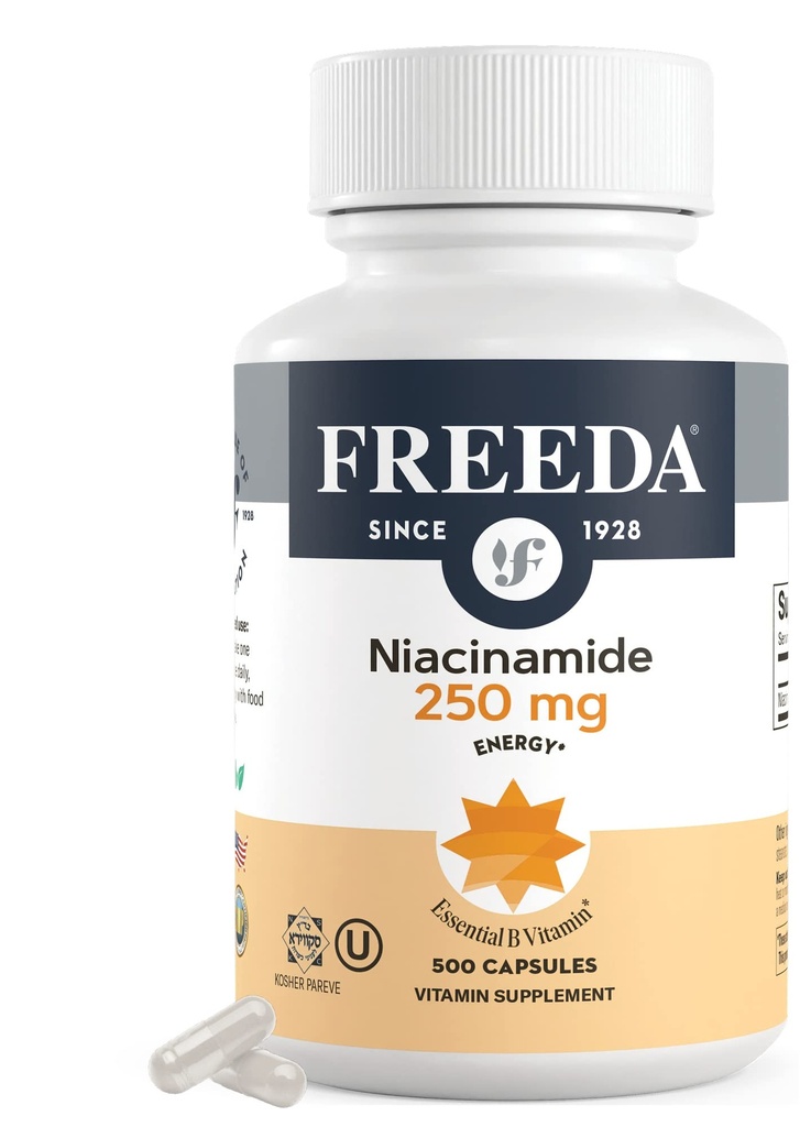 Freeda Niacinamide - Vitamine B3 Niacinamide 250 mg - Vegetarian No Flush Niacin Formula - B3 Vitaminen Niacinamide Supplement - Niacin Flush Free Niacin Supplement Vitamine B3 Nicotinamide, 500 Capsules