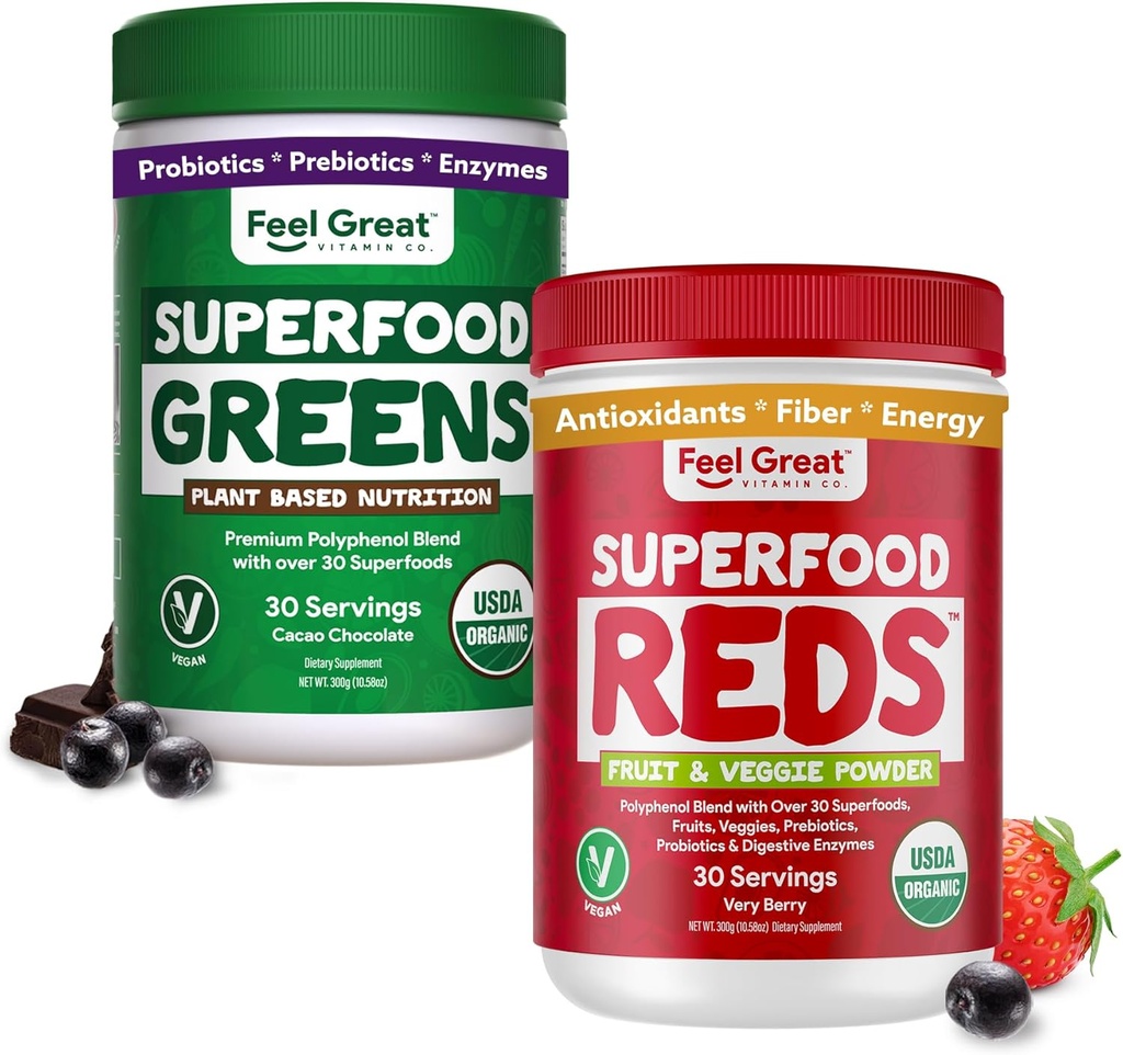 Feel Great USDA Organic Reds & Super Greens Powder Combo (2-Pack) 