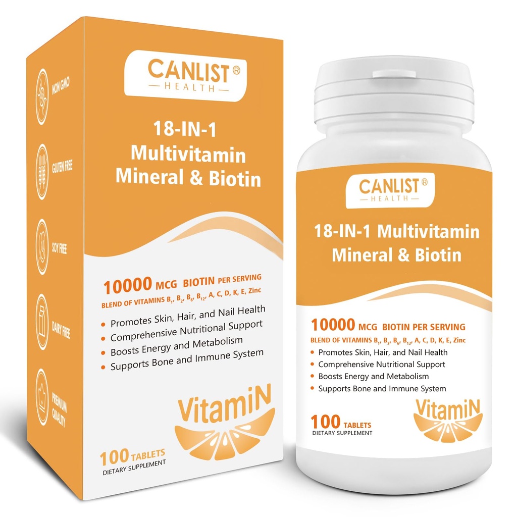 Hair Skin and Nails Multi-Vitamin for Men & Women, 10000mcg Biotine & Multimineral, Bevat B-Vitaminen, Vitaminen C, E & D3, Trace Minerals, Zink, Glutenvrije, Dairy-Free, Soy-Free, 100 tabletten