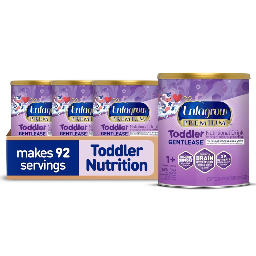 Enfagrow PREMIUM Gentlease Peuter Voedingsdrank, gemaakt met echte melk, Ontworpen om Fussiness, Gas & Crying, Nutriënten voor Groei & Immune Support, Powder Can, 29,1 Oz (pakket van 4)