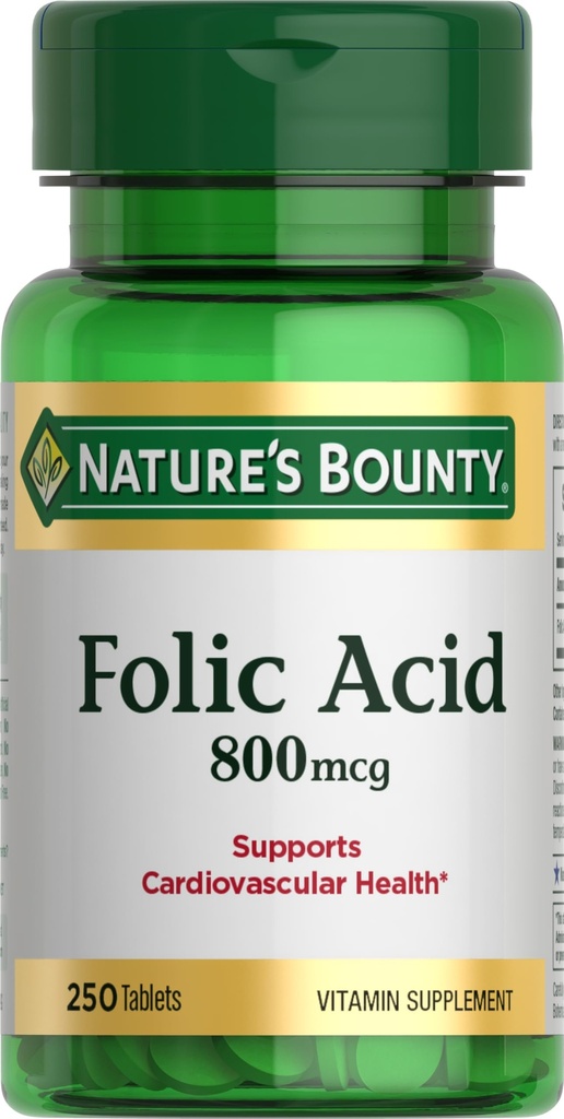 Nature's Bounty Foliumzuur Supplement, Ondersteunt Cardiovasculaire Gezondheid, 800mcg, 250 tabletten