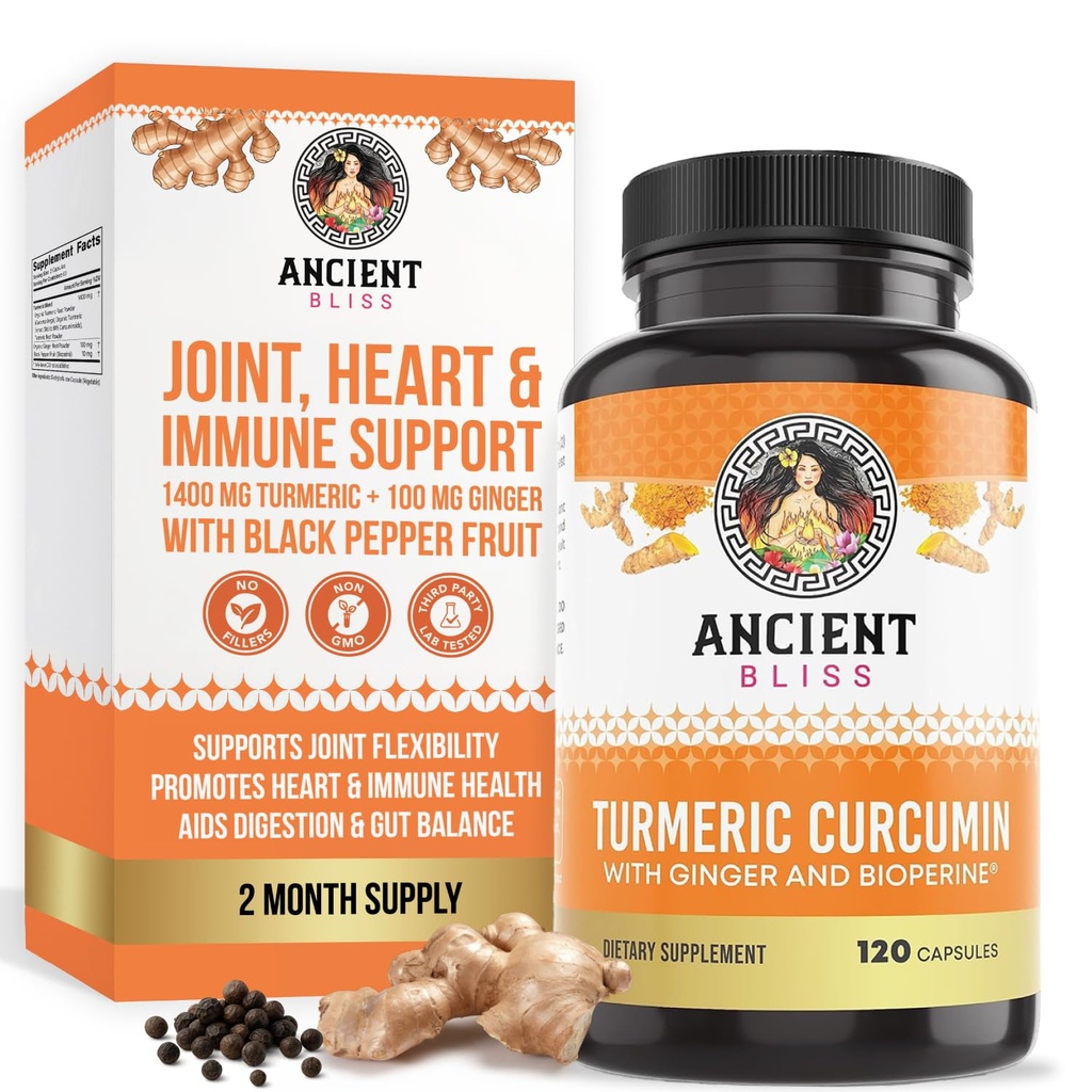 Kurkuma Curcumine met Gember & Bioperine, Kurkuma Curcumine met Zwarte Pepper & Raw Gember Root Powder Capsule Supplement by Ancient Bliss (120 Capsules)