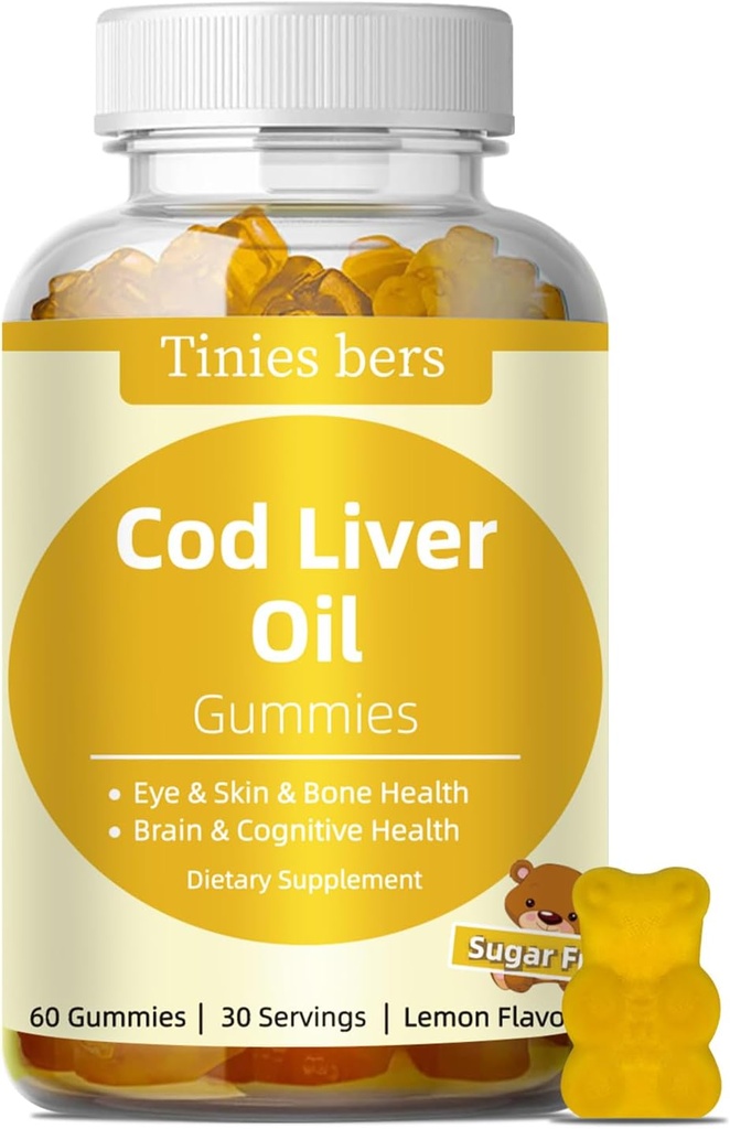 Cod Liver Oil Gummies 1000mg, Sugar Free for Adults & Kids, Omega-3s & Vitamin A&D for Brain, Cognitive, Heart & Eye, Bone Health, Gluten Free, Non GMO, Pectin, 60