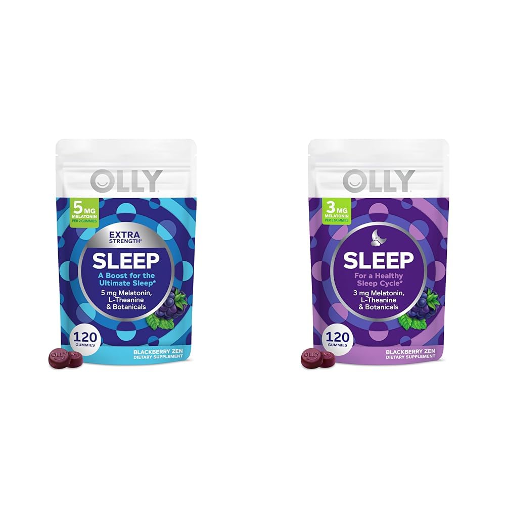 OLLY Extra Sterkte (5mg) & Normale sterkte (3mg) Melatonine Slaap Gummies met L-Theanine, 120 Graaf BlackBerry smaak