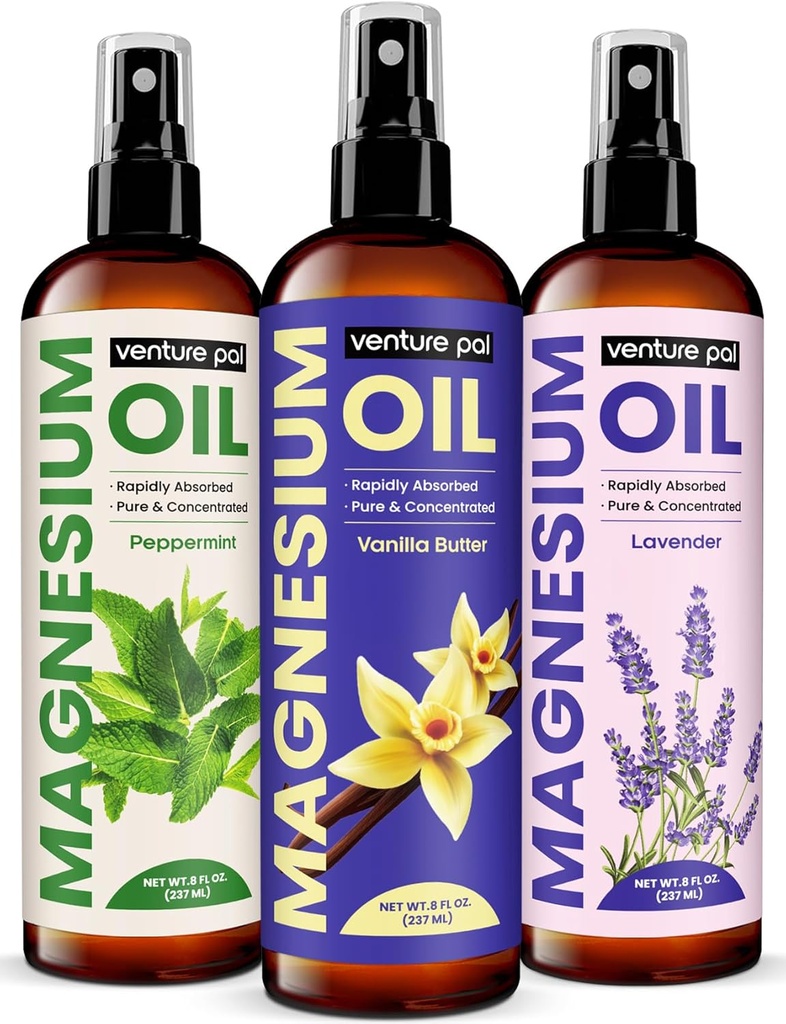 Venture Pal 100% Pure Magnesium Oil Spray met Vanille Boter, Snelle Absorptie, Minder Sting, Ultra-Soothing voor Slaap & Spierontspanning, Zeven (Big 8 oz) Mineralen