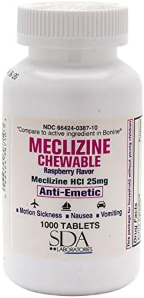 SDA LABORATORIES Meclizine Kauwtabletten, 25mg, Anti-Emetic, Raspberry Smaak, Beweging Ziekte & Vertigo Relief voor Misselijkheid, Duizeligheid en Braken, 1000 Tellen (1 Verpakking)