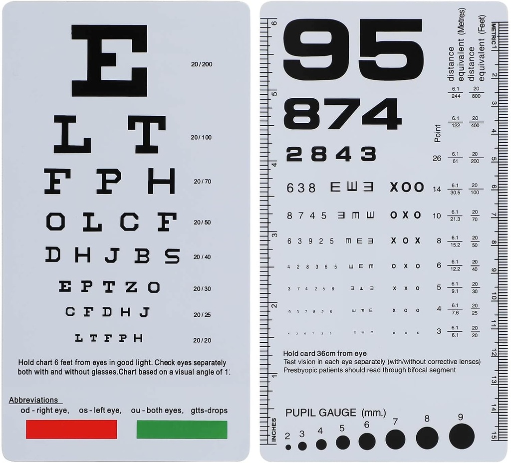 NOYOC 2 Pack Pocket Eye Chart, 2 in 1 Snellen & Rosenbaum Chart, 6,5x3,5 Inch, Handheld Double Sided Plastic Low Vision Card for Eye Examens (2 Pack 6 Feet)