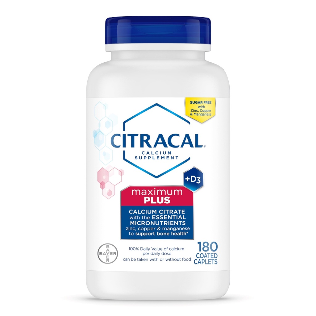 Citracal Maximum Plus Calcium Supplement - Calcium citraat met vitamine D3, zink, & essentiële mineralen voor botgezondheidsondersteuning, leeftijden 12+, 180 Tellen (Verpakking mei Vary)