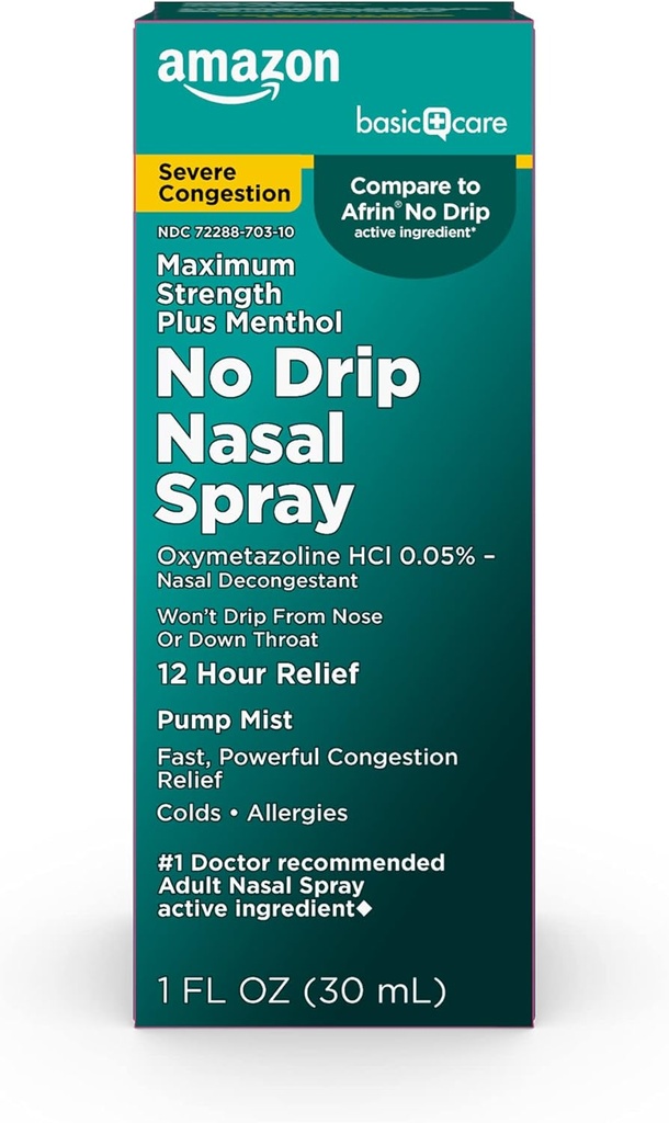 Basic Care No Drip Severe 12 Hour Neus Decongestant Pump Mist, Steroid Free, Maximale sterkte Plus Menthol 1 fl oz (pakket van 1)