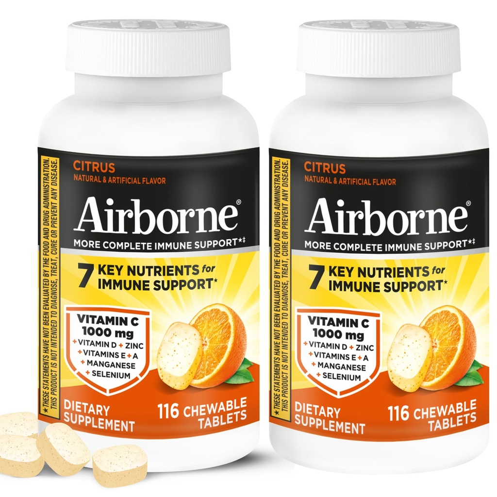 Airborne 1000mg Vitamine C + Zink Immuun Ondersteuning Supplement Kauwtabletten, Citrus smaak met krachtige antioxidanten Vitaminen A C & E, 116 Kauwtabletten (2 Pack)