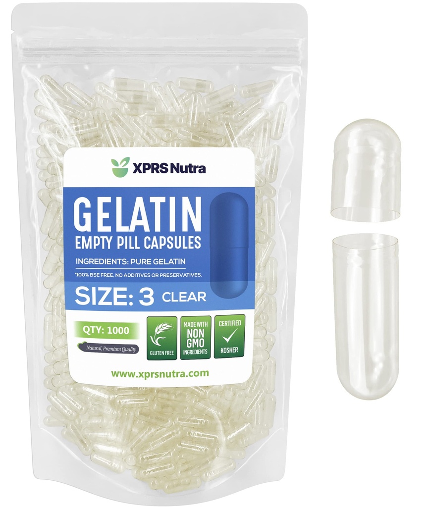 XPRS Nutra Maat 3 Lege Capsules - 1000 Telle Lege Gelatine Capsules - Pillen DIY Capsule vullen - Heldere Pure Bovine Pill Gel Cap Vulbaar voor Do-It-Yourself Vitaminen en Supplementen